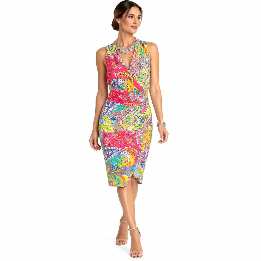 Lauren Ralph Lauren Dress 6 Paisley Faux Wrap Ruched Sleeveless Stretch Midi